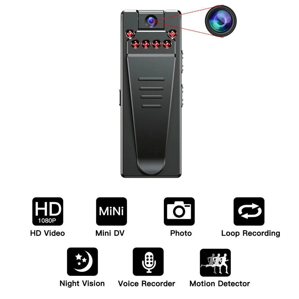 Black 1080p HD home security camera with a rotatable lens on a plain background.