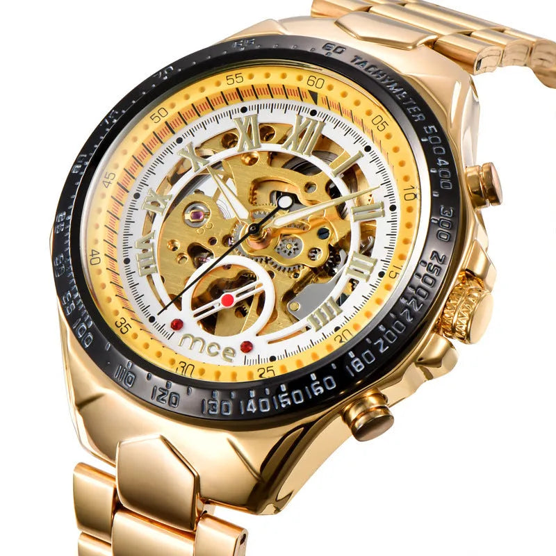 MCE men's explosion proof mechanical watch showing industrial design with multiple colour options