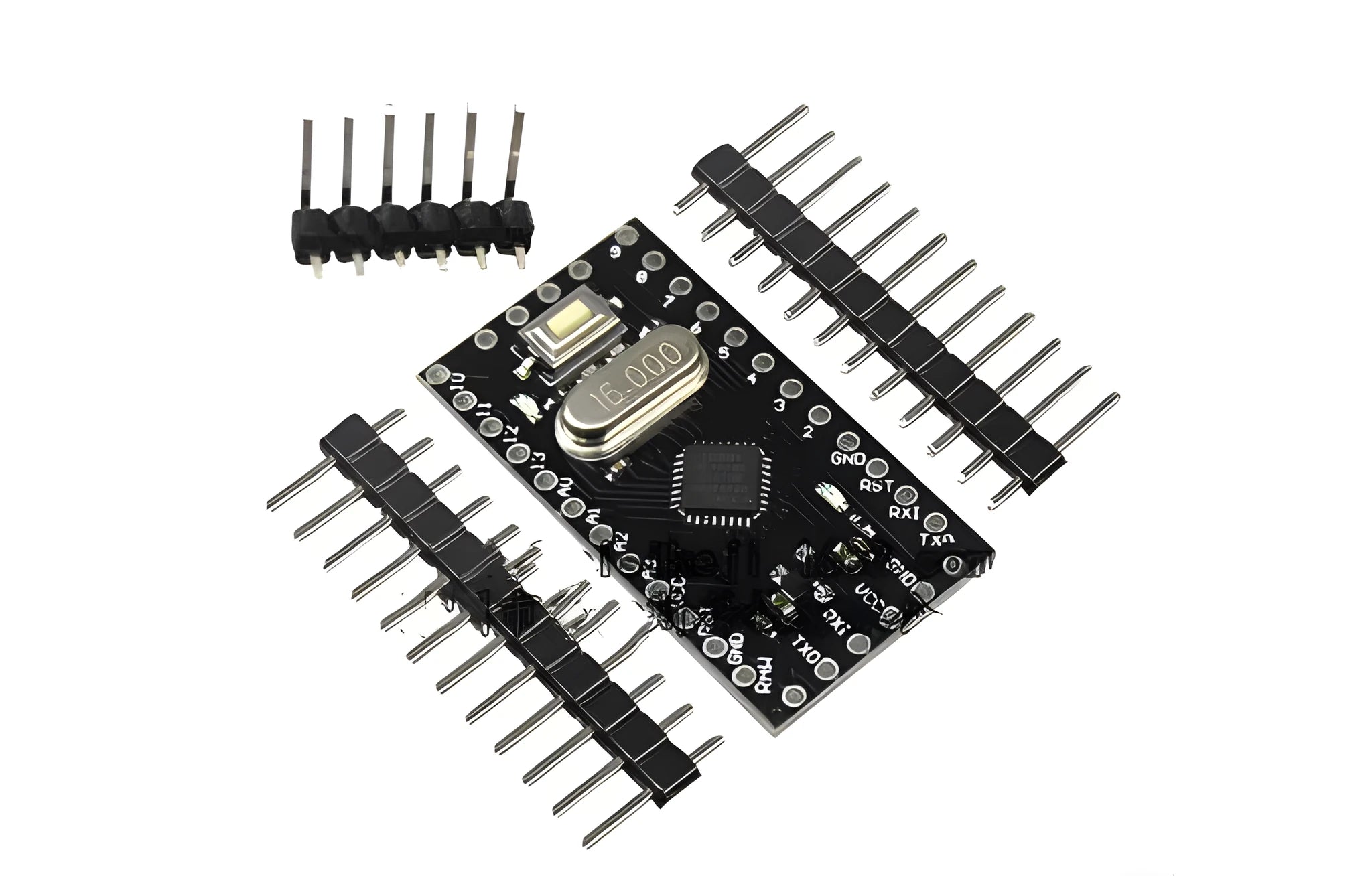 Arduino Mini Pro professional microcontroller circuit board showing Atmega328P chip and pin headers.