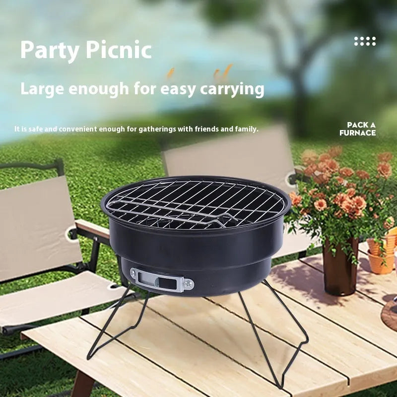 Small round folding ice stove and portable barbecue grill set with mesh, legs, and storage bag