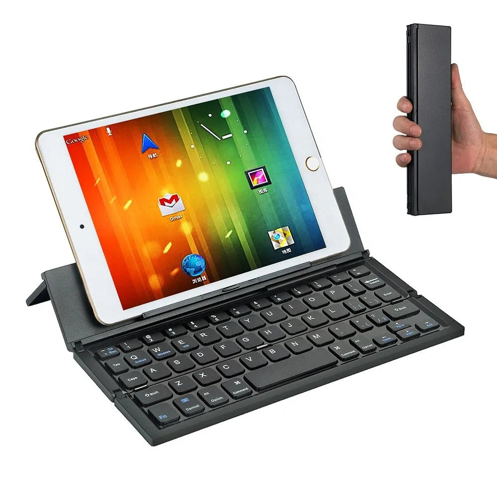 Black and white mini folding wireless Bluetooth keyboard for tablets, shown open with numeric keypad.