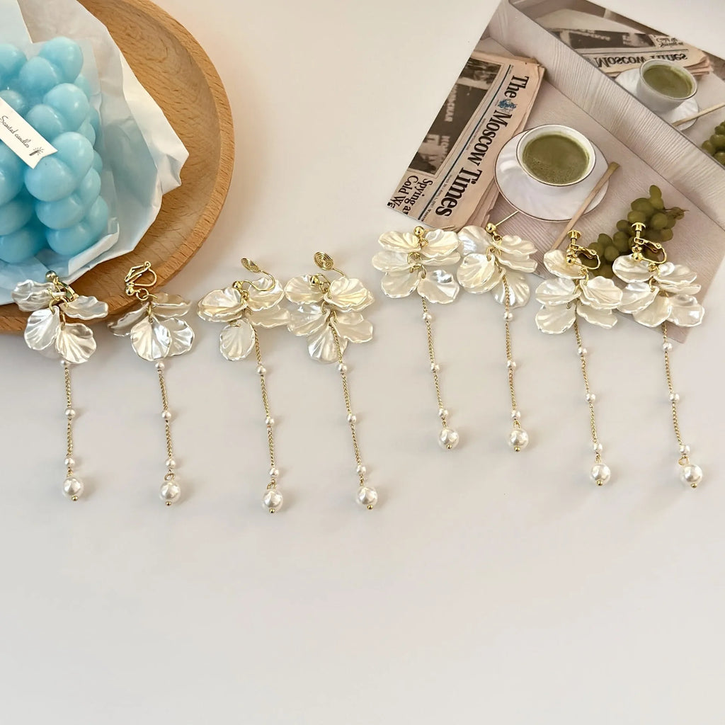 Women's shell pearl tassel earrings with 8.8cm length and multiple clip options