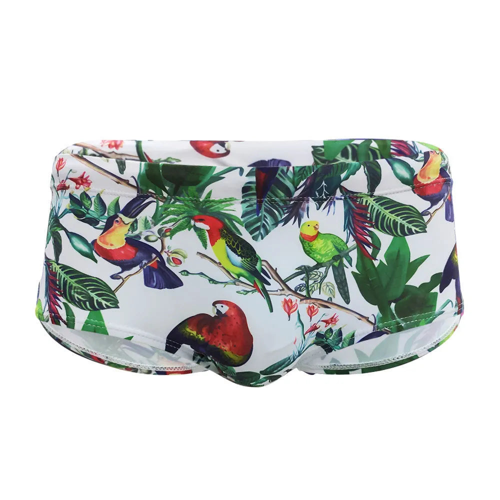 Men's swimming trunks with flower and bird print design in nylon fabric for beach and pool swimming