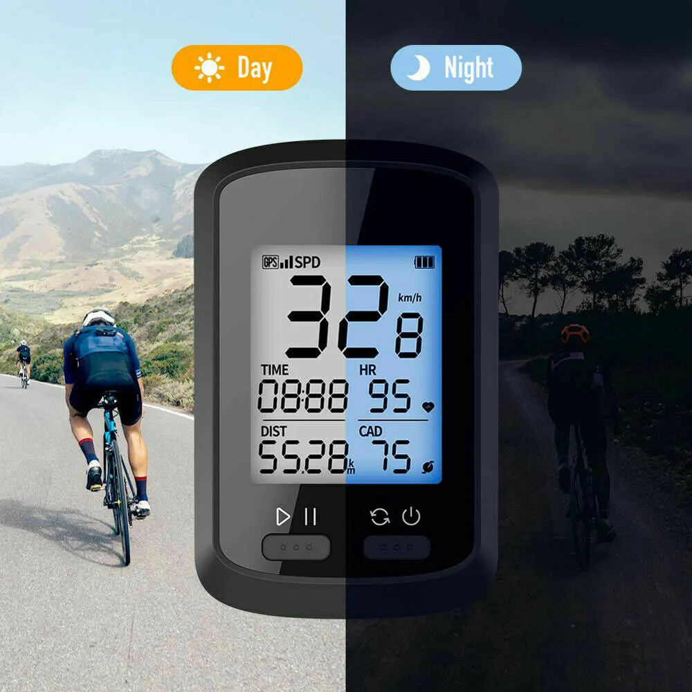 Black waterproof plastic bicycle stopwatch with digital display mounted on bike handlebars.