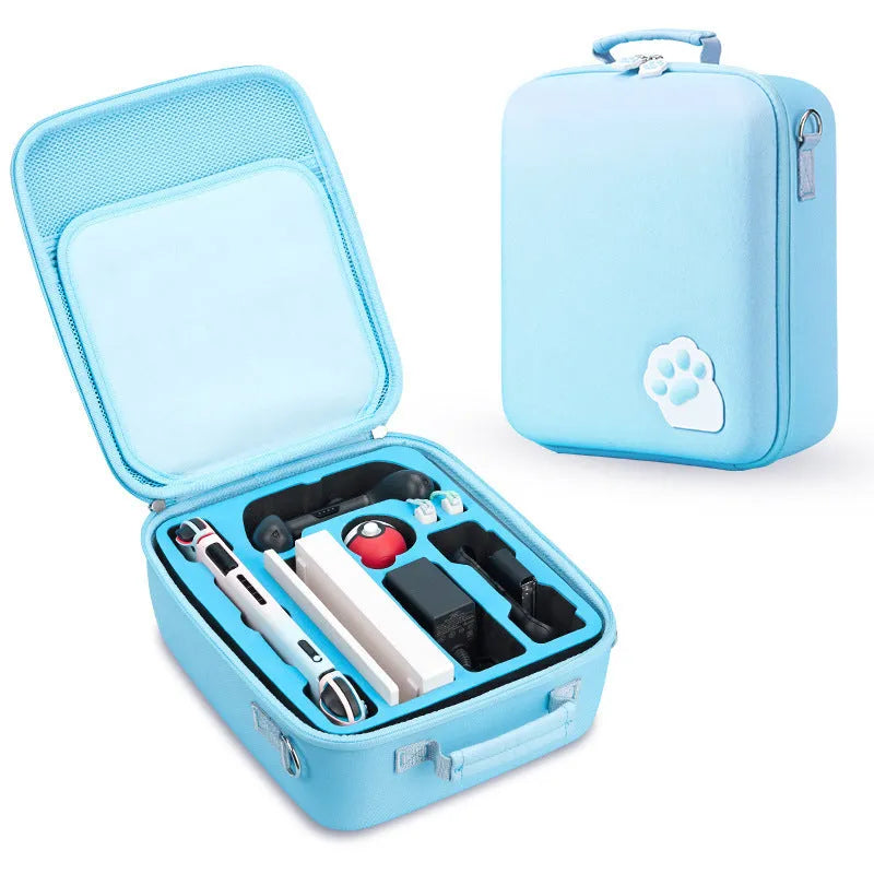 Cat claw design Nintendo Switch storage case in pink, open to show compartments for console and 21 game cartridges.