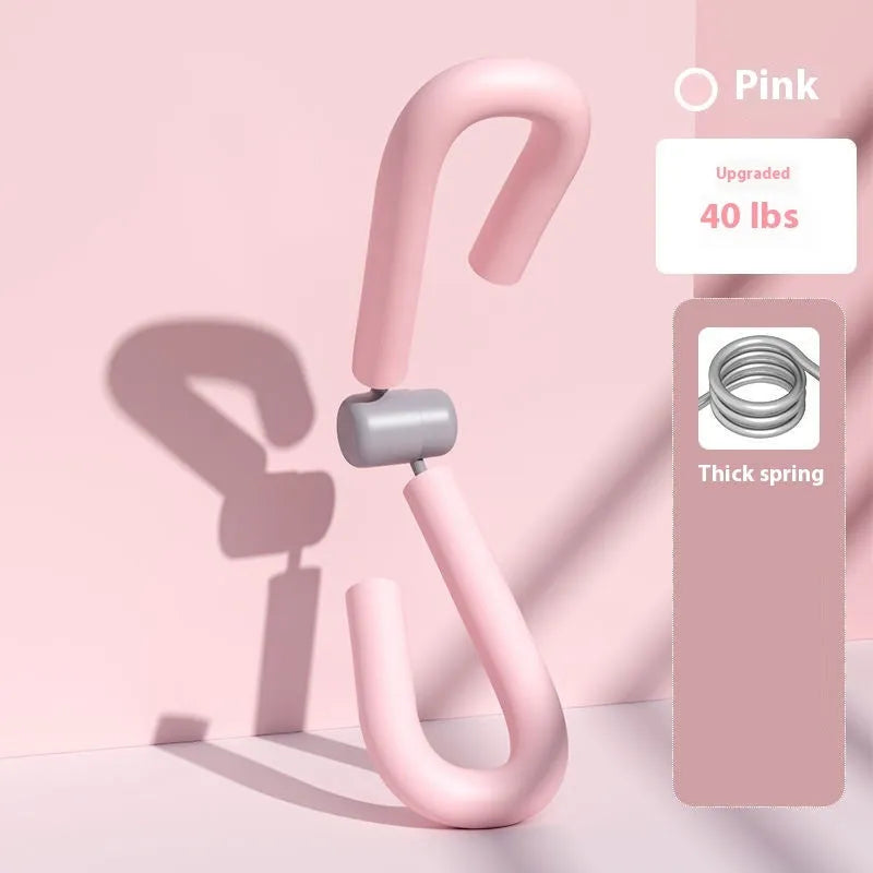 Yoga four piece fitness set showing leg beauty device, yoga ring, pedal tension device, and eight-figure tension rope.