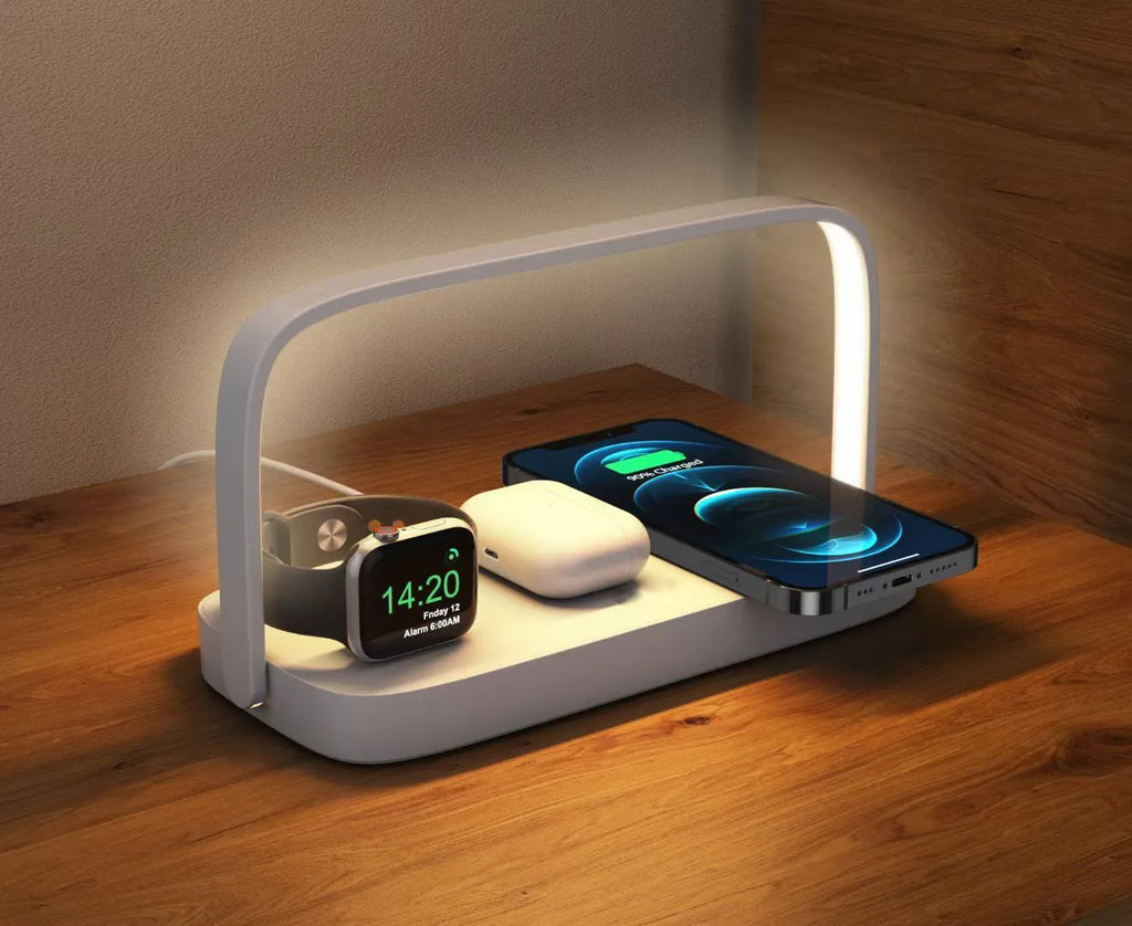 White wireless charging night light phone holder with QC3.0, 2A output, USB input, and charging bracket