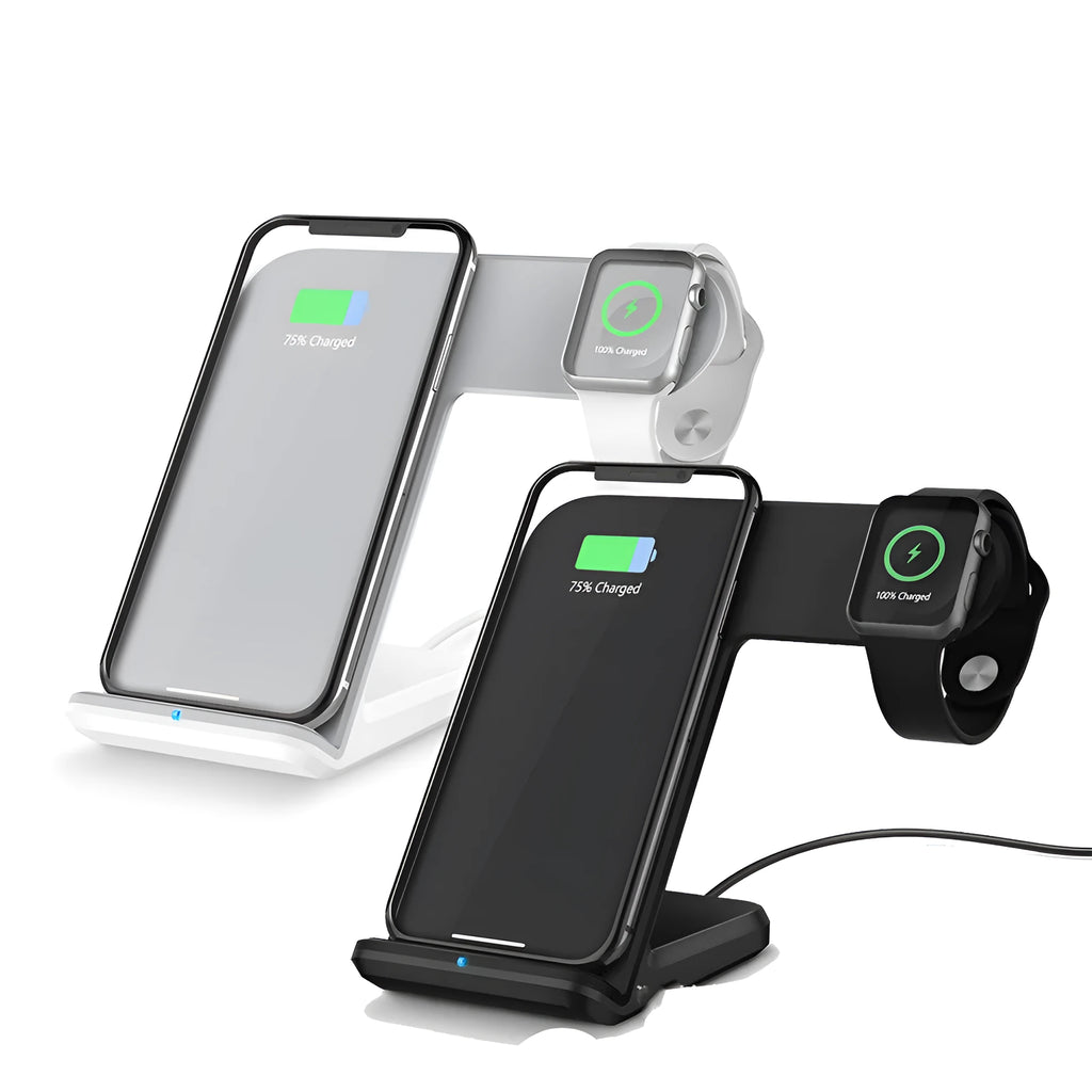 Black and white Qi wireless charging pad for mobile phones with Type-C cable.