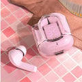Transparent space capsule case Bluetooth earphones showing digital display screen