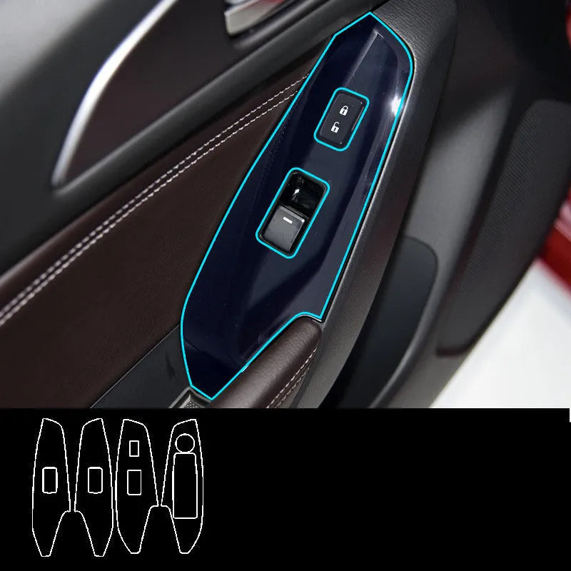 Set of four TPU protective films for car door control panel, shown in transparent, matte black, and carbon fibre black finishes.