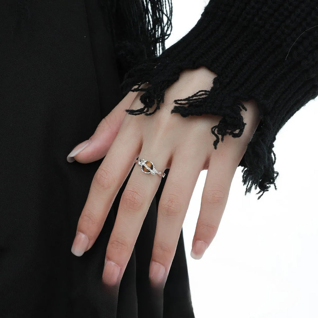 Women's silver Saturn tigereye open ring with adjustable opening and white gold colour finish.