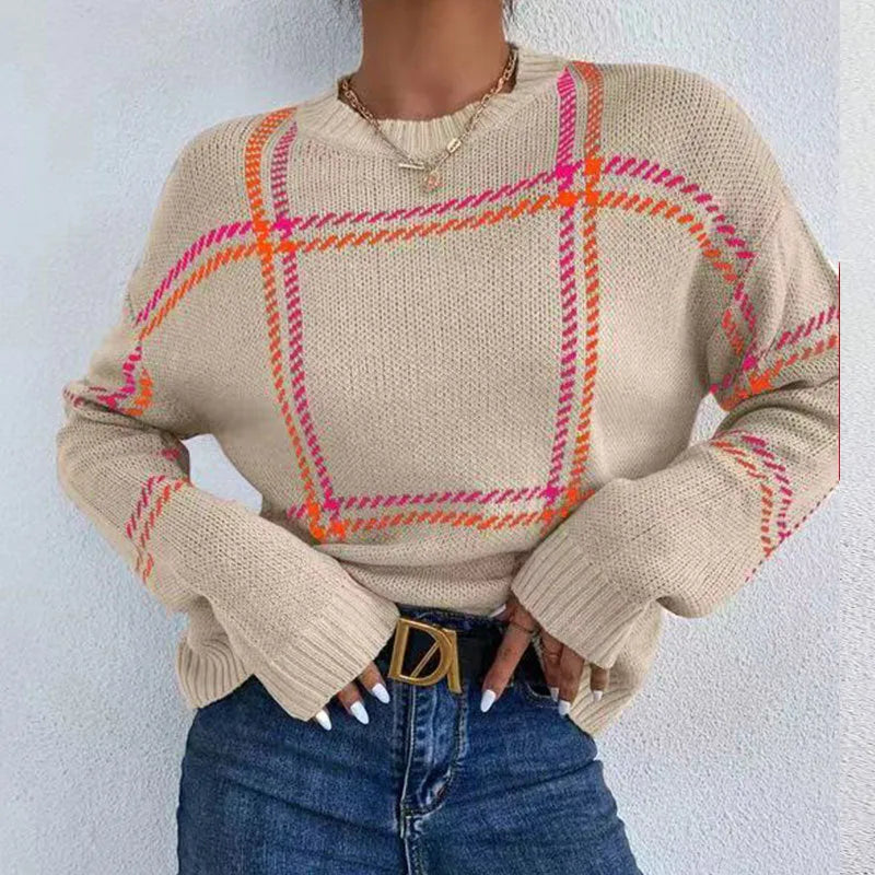 Women's casual plaid colour-block acrylic sweater with loose fit and crew neck