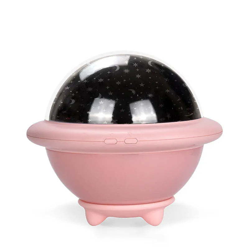 UFO-shaped starry sky projection night light in pink white or green plastic with constellation patterns