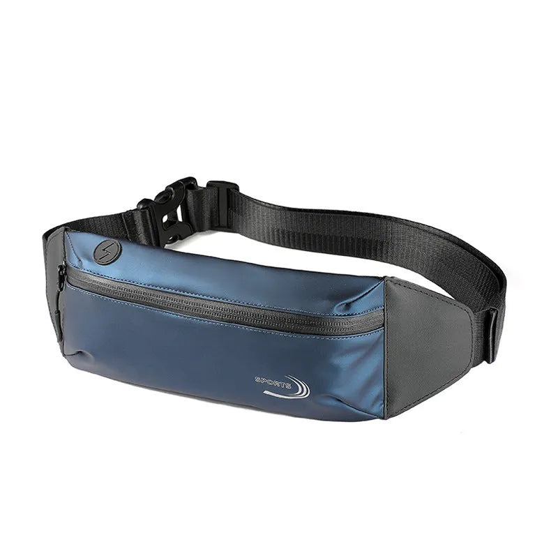 Men's blue waterproof sports waist bag made from Derm Oxford polyester with waist strap