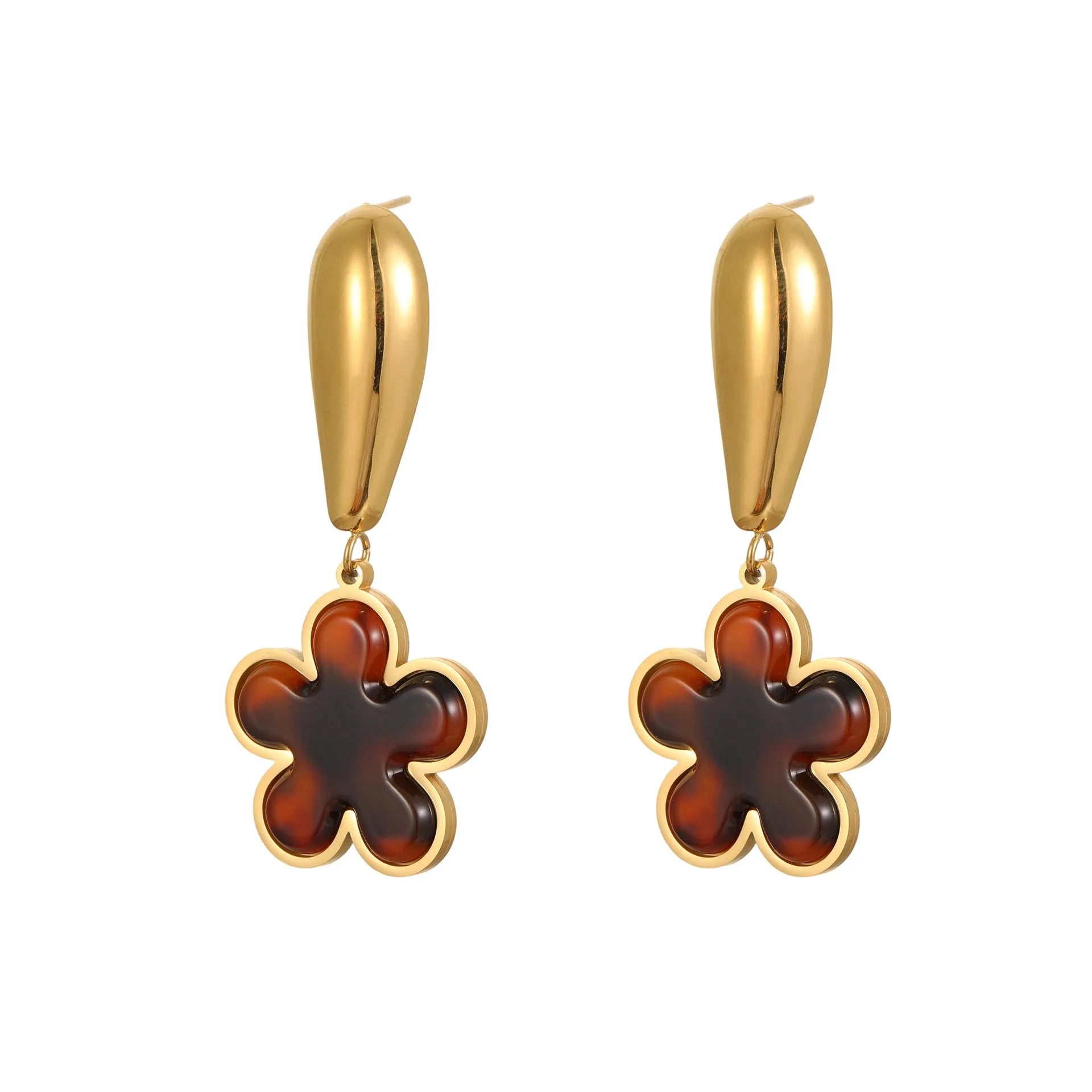 Tortoiseshell resin hawksbill colour earrings with 18K electroplated stainless steel in heart or flower geometric designs