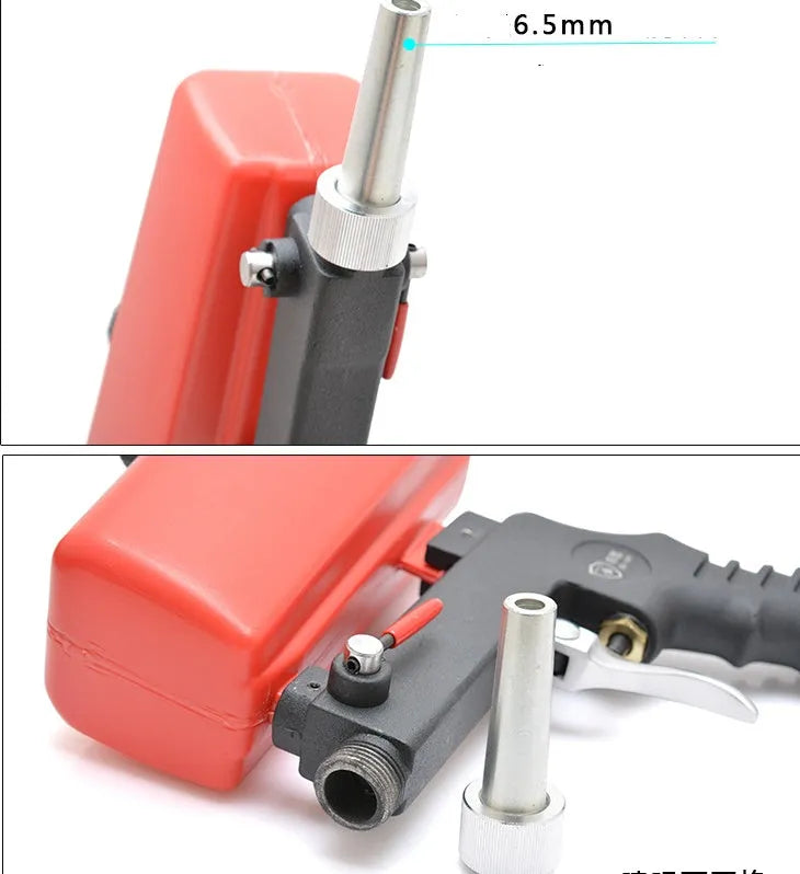 Portable pneumatic sandblasting gun with tank, shown in black or blue, for workshop surface cleaning.