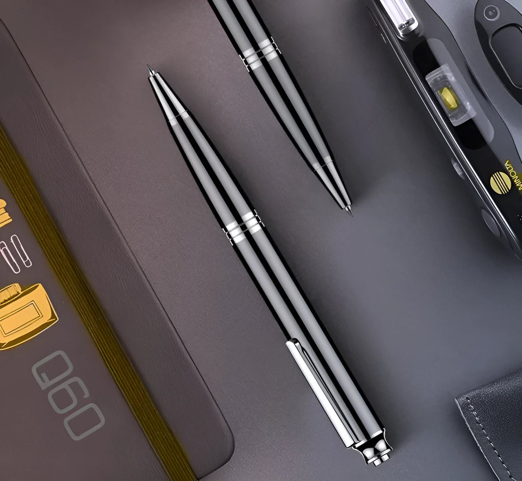 Black pen-style USB recorder MP3 player showing 120mm length and 12mm diameter with USB connector