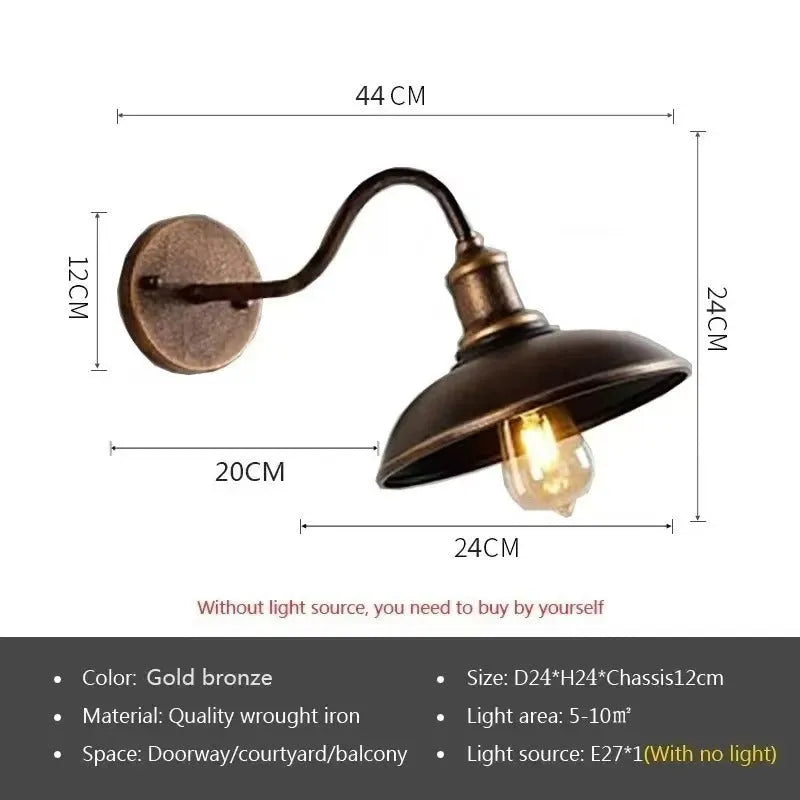 Retro style villa courtyard wall lamp in copper and silver finishes showing right angle and oblique angle mounting styles.