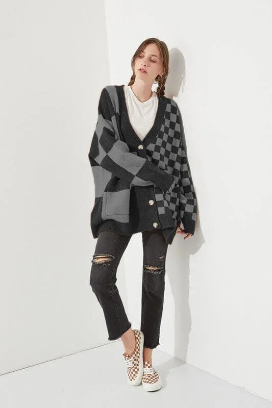 Printed checks knitted cardigan in loose slim fit style showing six colour options