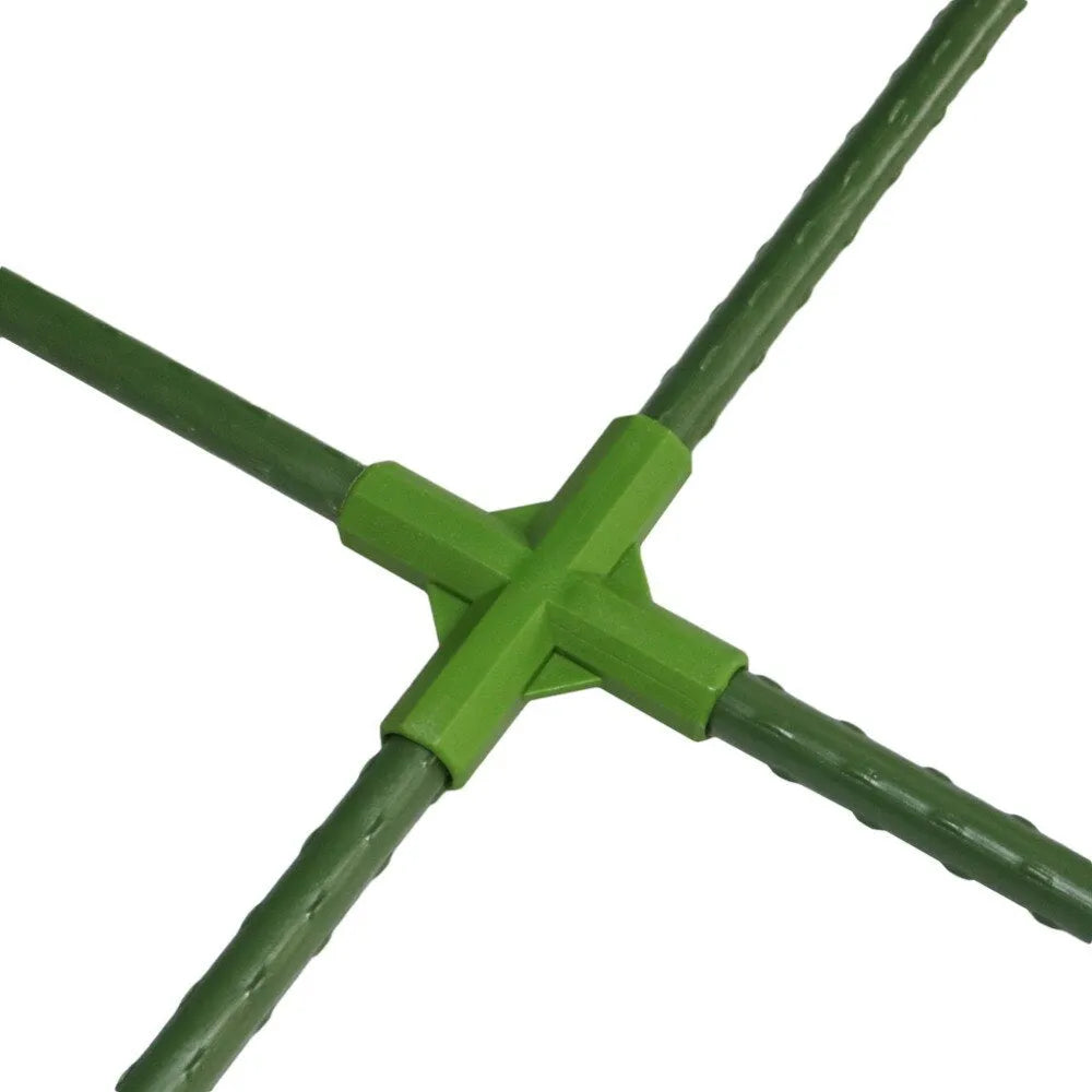 Two white plastic plant support connectors, one three-way and one four-way, for 11mm garden poles.