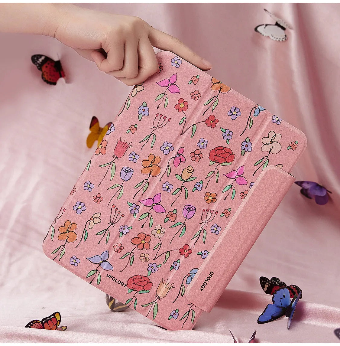 Magnetic flat-shell protective case for iPad Air 5 and Air 4 tablets, showing polyurethane construction and clip.