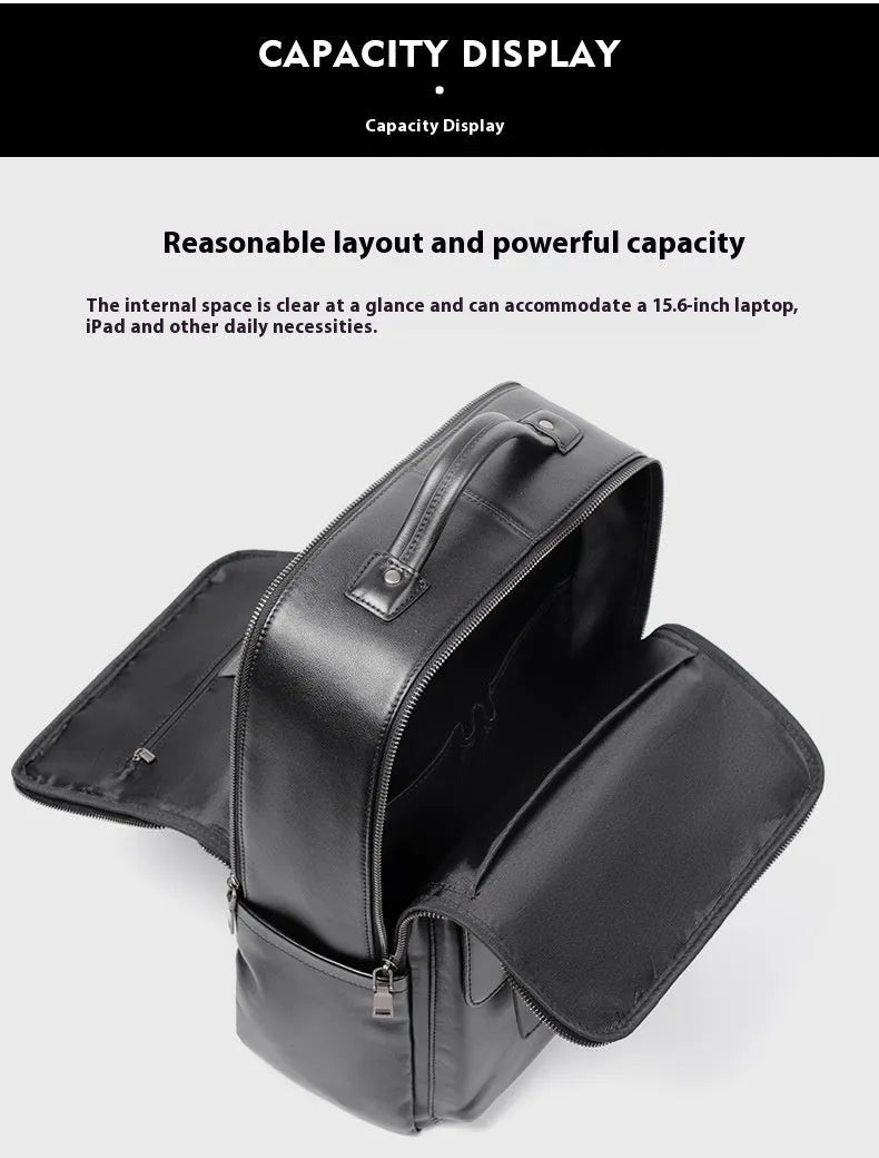 Men's black genuine leather computer backpack with weaving detail and large 36-55L capacity.