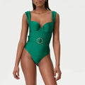 Women's one-piece swimsuit with gauze skirt in double shoulder or oblique shoulder design.