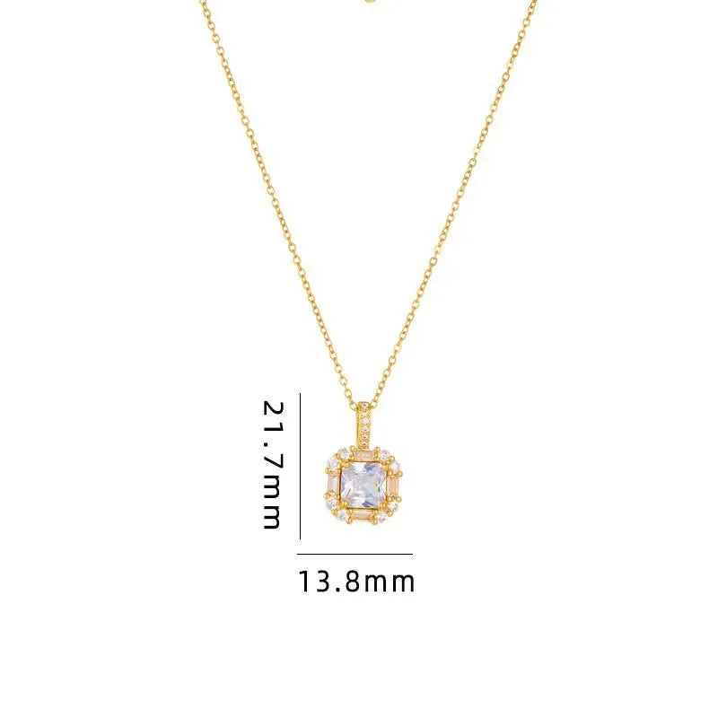 Gold titanium steel necklace with geometric quadrilateral pendant featuring mixed gemstone inlay on water wave chain