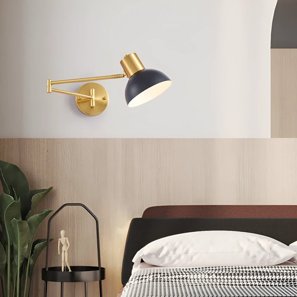Modern minimalist double-section rocker arm wall lamp with metal finish and adjustable joints for bedroom lighting