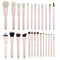26 pink wooden handle makeup brushes with natural wool bristles in storage bag