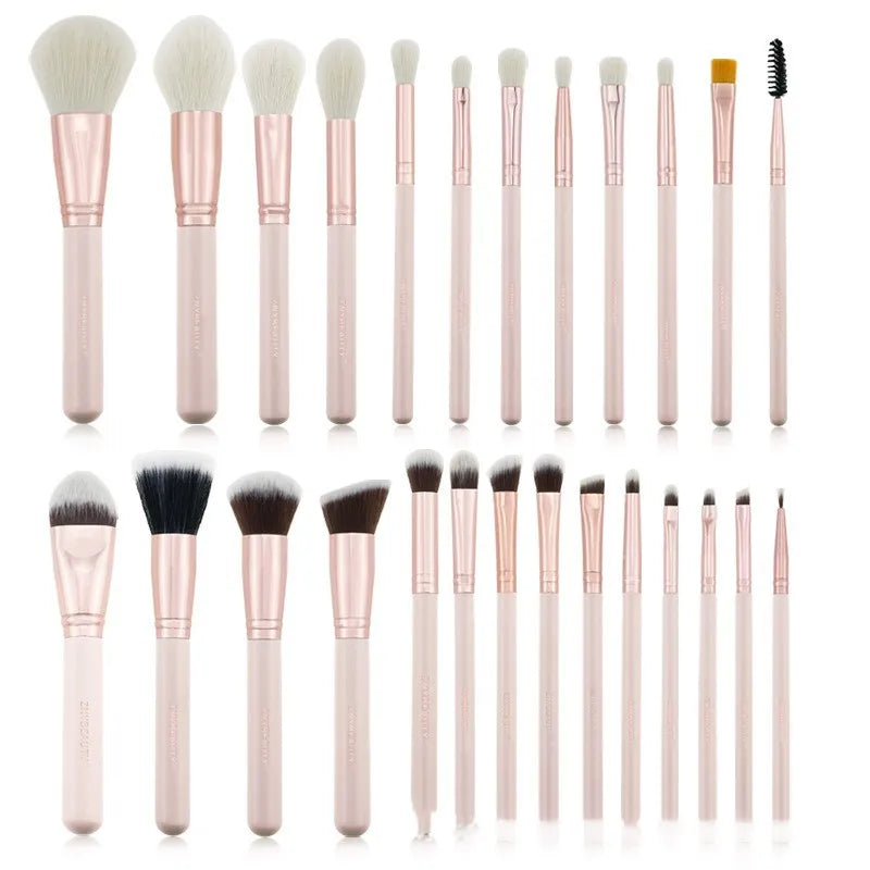 26 pink wooden handle makeup brushes with natural wool bristles in storage bag