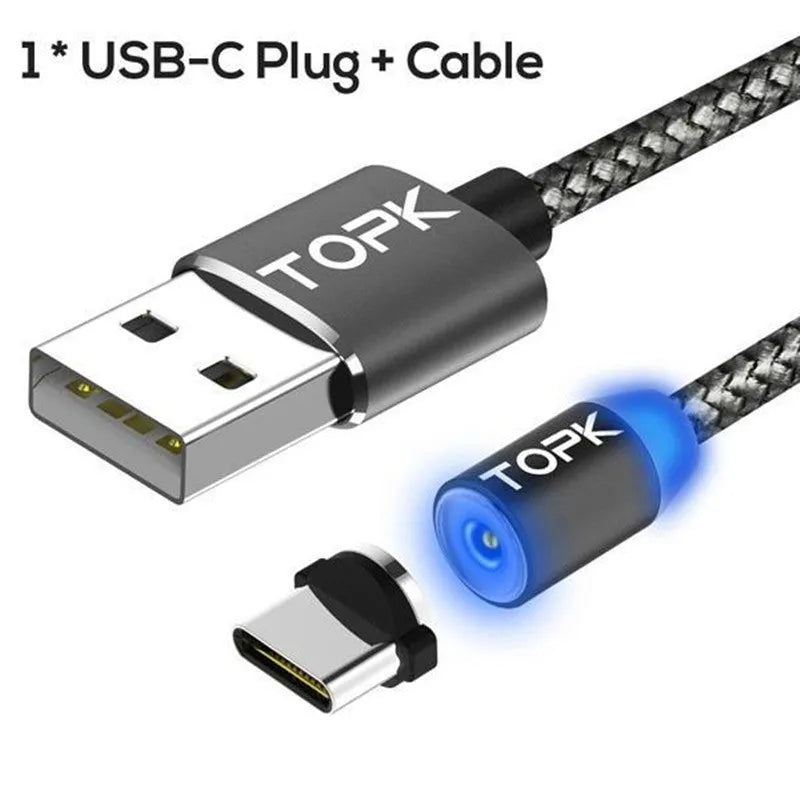 Magnetic charging cable with three magnetic plugs for Android, Apple iPhone and Type-C devices on a white background.