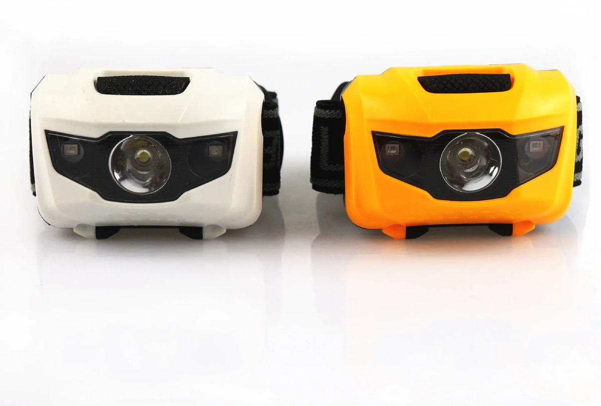 Cat Eye 2nd Generation head torch showing black orange purple white colour options with LED configuration