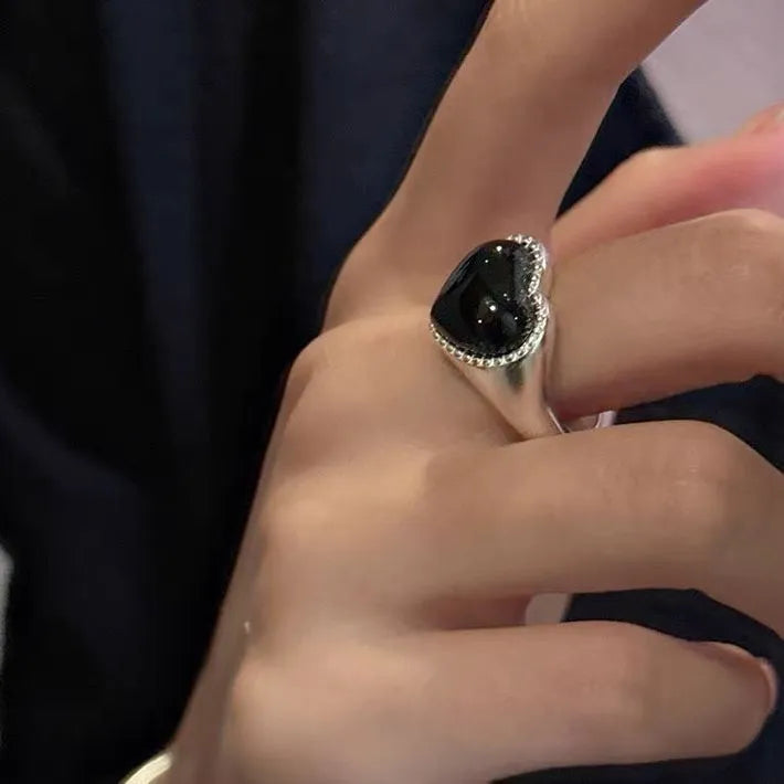 S925 sterling silver heart ring with black agate and adjustable opening