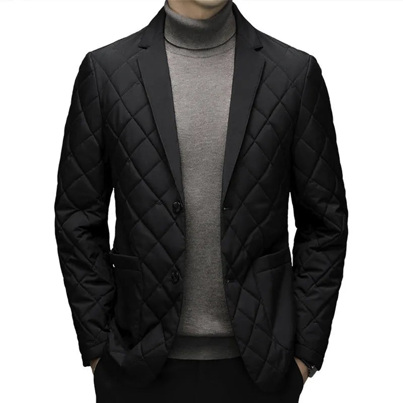 Men's black cardigan-style winter down jacket with lapel collar and side seam pockets.