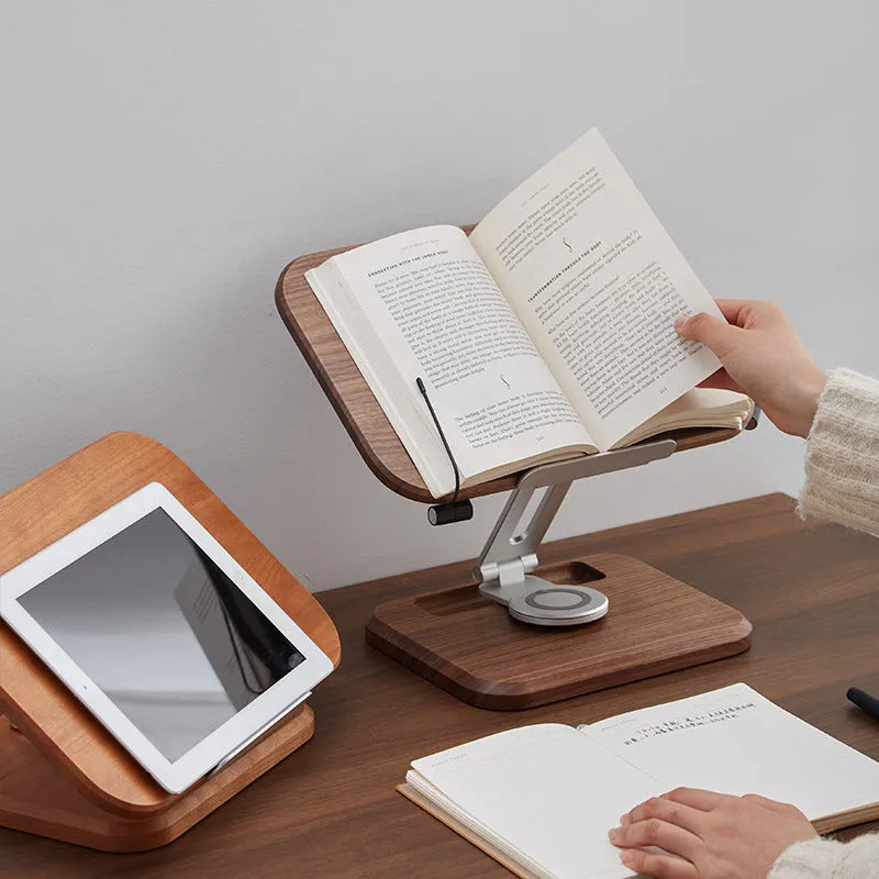 Black walnut solid wood reading rack with adjustable rotating mechanism shown in walnut colours