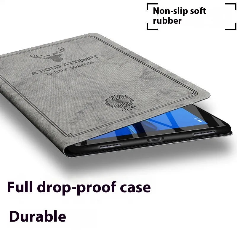 TPU leather soft shell clamshell case for Apple iPad featuring a creative deer elk design in black brown blue or gray colours