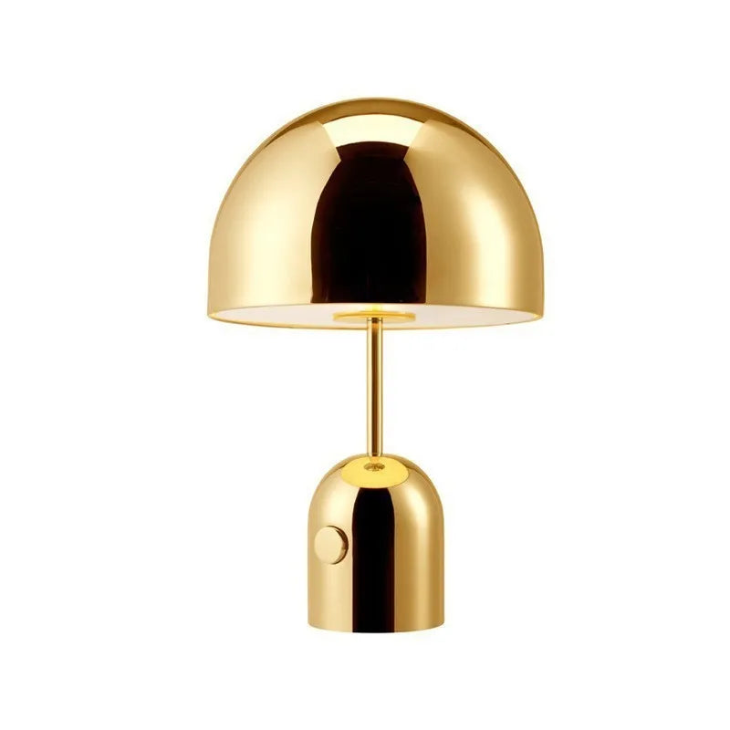 Mushroom-shaped table lamp with metallic base in rose gold, chrome, or gold colour
