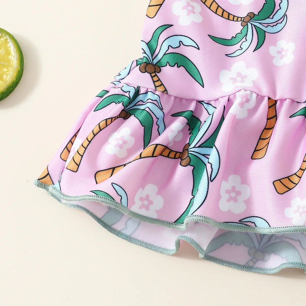 White children's two-piece polyester swimsuit set with top and shorts for spring beachwear.