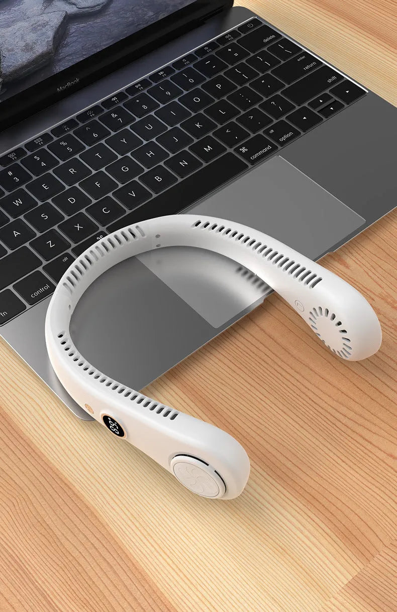 White USB rechargeable bladeless neck fan showing ergonomic neckband and streamlined air outlet