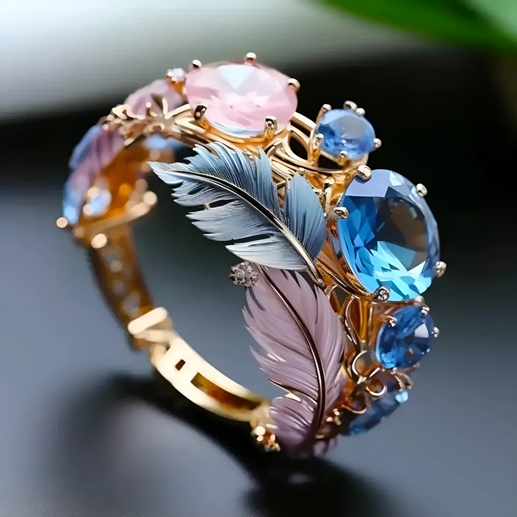Gold colour embossed feather ring with colourful design and geometric shape