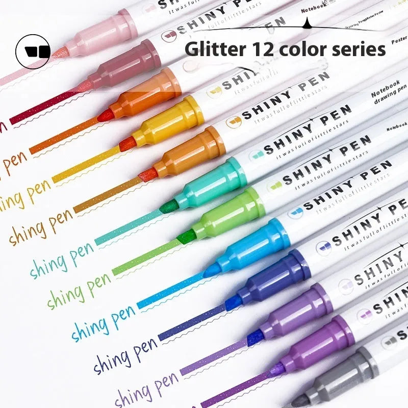 Four glitter fluorescent highlighter pens with 4mm slanted tips in pastel colours including taro and peach shades