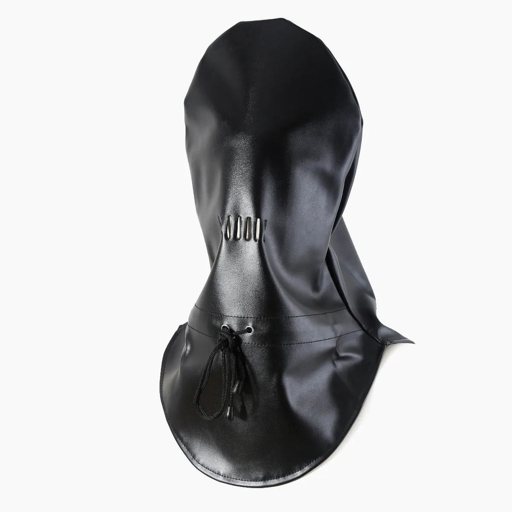 Black leather BDSM mask with breathable nose holes for adult roleplay.