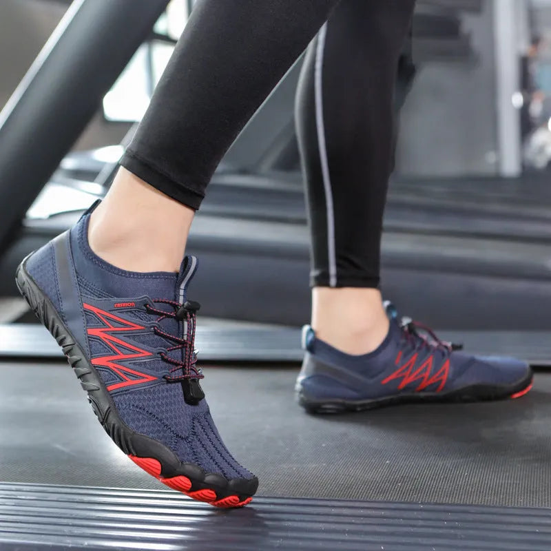 Indoor fitness training sneakers with striped pattern, mesh lining, and non-slip rubber soles in multiple colour options