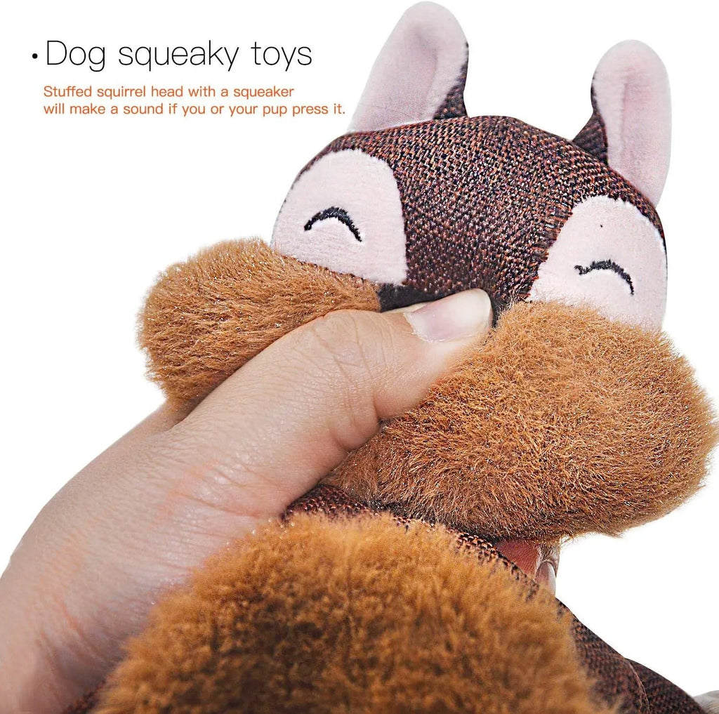 Brown fox dog toy with squeaker, crinkle paper, and cotton rope arms