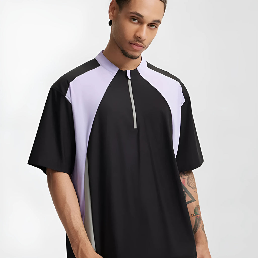 Men's lightweight polyester casual top in solid black and beige colours showing both long sleeve and short sleeve options