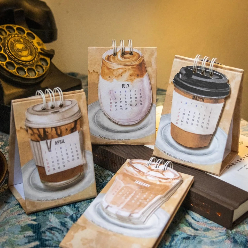 Coffee mini desk calendar 2025 showing modern paper design with monthly date display