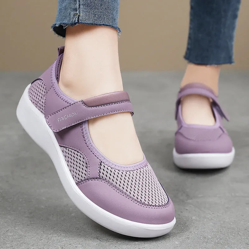 Women's grey mesh casual shoes with Velcro fastening and flat polyurethane sole