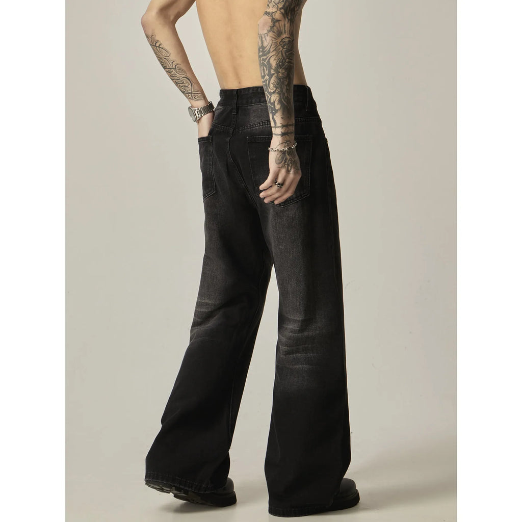 American retro black loose straight jeans with zipper fly on size chart