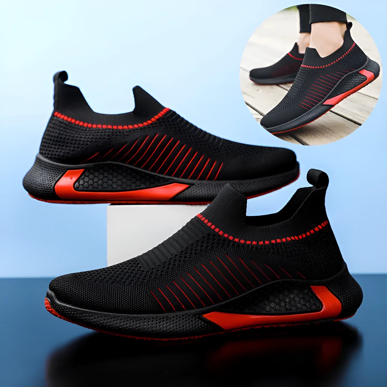 Men's striped mesh sock shoes with flyknit upper and lace-up closure in multiple colour options